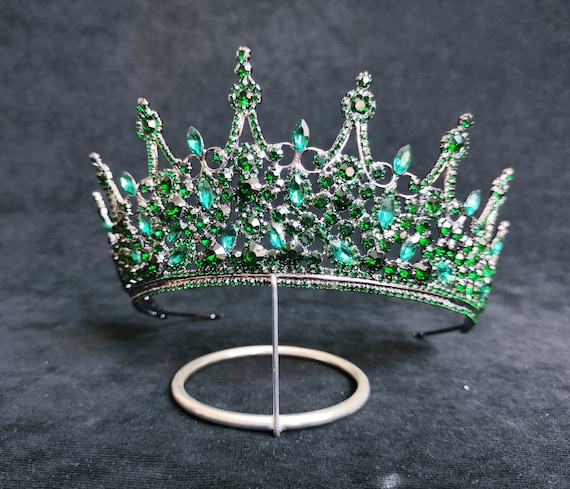 Emerald Green Rhinestone Silver Wedding Tiara, Queen Crown 