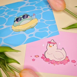 Niedliche Tier Postkarte/ Kawaii Frosch Geschenkkarte Ente Katze Fuchs Kunstdruck