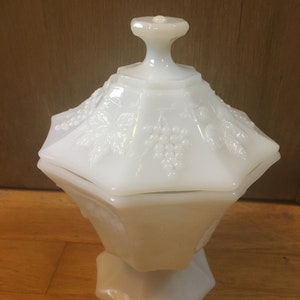 Vintage milk glass Candy dish imbossed with leaves and grapes