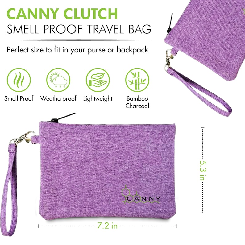 May include: Purple travel bag with a zip closure and a strap. The bag is 7.2 inches wide and 5.3 inches tall. The bag is labelled "CANNY CLUTCH" and "SMELL PROOF TRAVEL BAG".