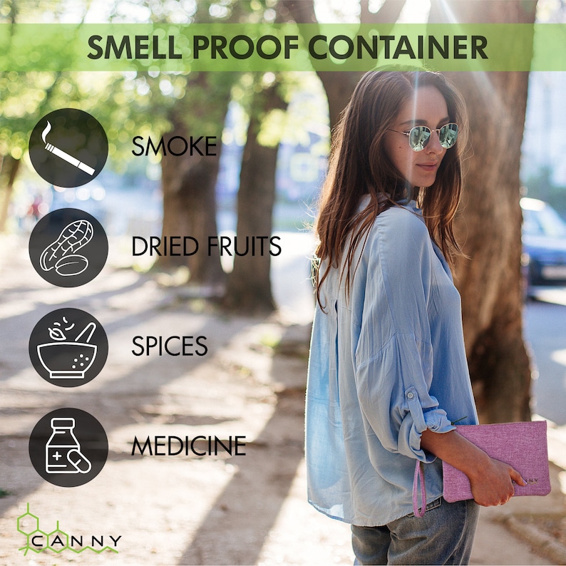 May include: A woman wearing a light blue shirt and jeans is walking down a street. She is carrying a small pink pouch with the word "CANNY" on it. The pouch is advertised as a smell-proof container for items such as smoke, dried fruits, spices, and medicine.
