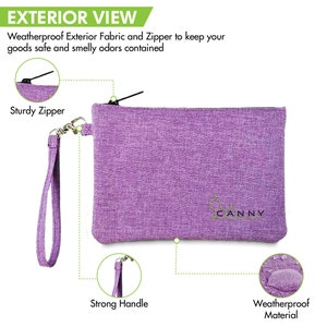 May include: A purple weatherproof pouch with a sturdy zipper and a strong handle. The pouch has the word "CANNY" embroidered on the front.