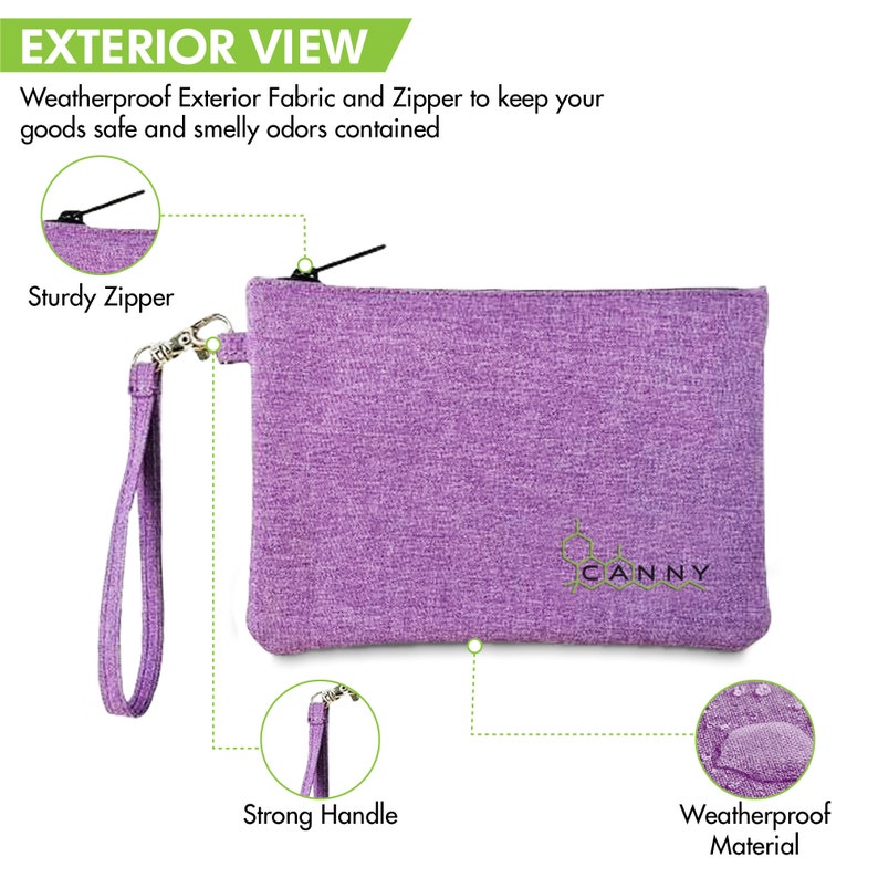 May include: A purple weatherproof pouch with a sturdy zipper and a strong handle. The pouch has the word "CANNY" embroidered on the front.