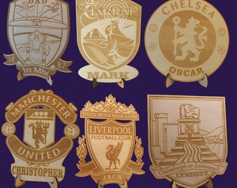 Personalized wooden engraved football club crests