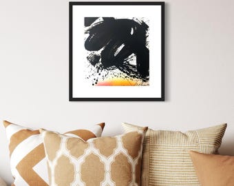 Large Abstract Art with Black Splashes and Sunset Base | Expressive Modern Painting | Gesture Brushwork Minimal Wall Decor