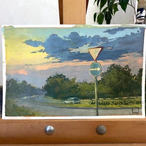 Dipinto a guazzo originale / Paesaggio con segnaletica stradale al tramonto / Arte ucraina espressiva / Atmosfera urbana al crepuscolo / Parete moderna