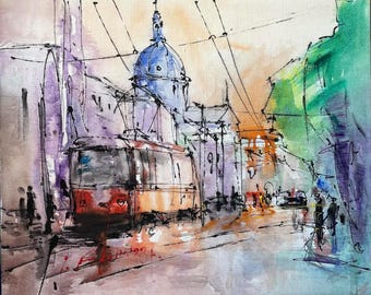 Lviv Tram Watercolor Painting: Original Cityscape Art on Canvas