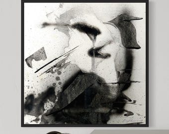 Textured abstract art in greyscale | shadowy composition with splashes and fades | perfect for atmospheric modern interiors.