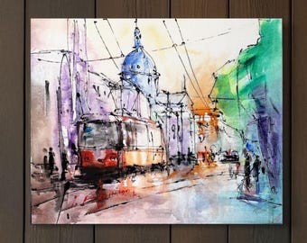 Sobre lienzo. Acuarela original. Tranvía de Lviv. El mejor regalo para ti. De un maestro conocido: Igor Yevsin