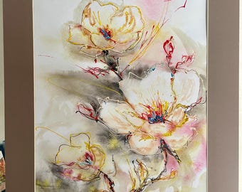 Framed in passe-partout | Original floral watercolor painting with pink and cream blossoms | expressive linework, and elegant movement