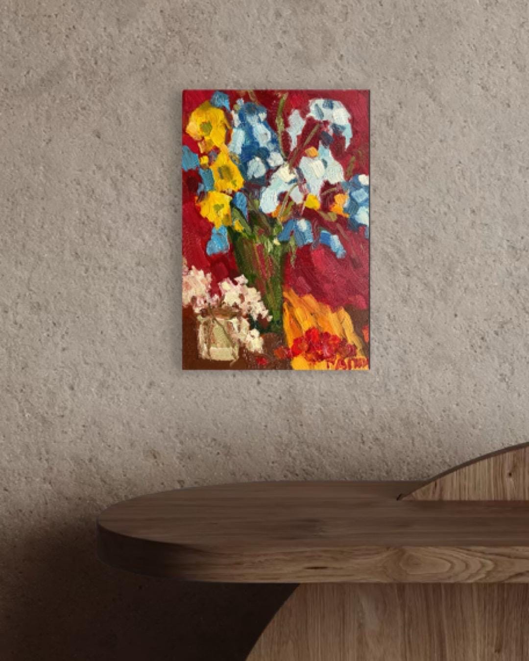 Impasto Floral Oil Painting | Blue & Yellow Flowers, Red Background - Etsy