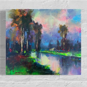 May include: Abstract landscape painting with a river, trees, and a pink and purple sky. The painting is done in a loose, expressive style with bold brushstrokes.