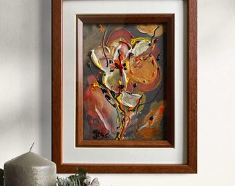 Könnte beinhalten: Abstrakte Blumenmalerei in einem braunen Holzrahmen. Das Kunstwerk zeigt dicke Pinselstriche in Weiß-, Orange-, Gelb- und Rottönen vor einem dunkelgrauen Hintergrund. Das Gemälde ist mit einem weißen Passepartout versehen.