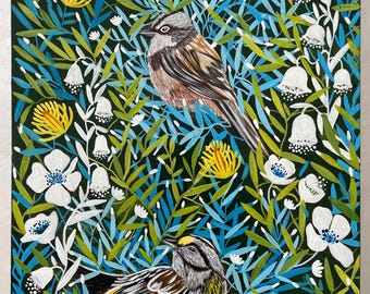 Originales Acrylgemälde auf Leinwand, Farbenfrohe botanische Vögel von Iryna Boichuk (Signiert)
