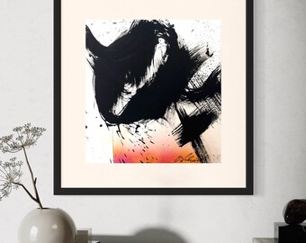Original Contemporary Abstract Art with Dynamic Black Marks | Modern Gesture Painting | Minimal Wall Decor with Warm Base