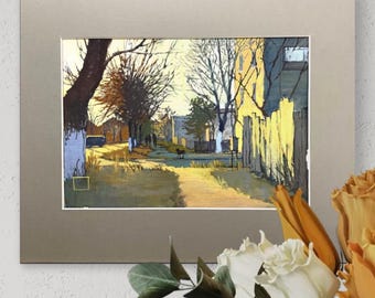 Cuadro original en gouache de paisaje urbano enmarcado: Perro, árboles, luz cálida / firmado