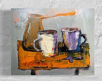 Peinture à l'huile originale sur toile. Café du matin. Le meilleur cadeau pour vous. d'un maître bien connu - Ihor Yevsin