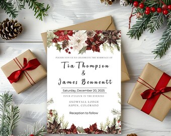 Christmas Wedding Invitation Template Editable Canva Digital Download Holiday Ceremony Winter Marriage Stationery Customizable Festive