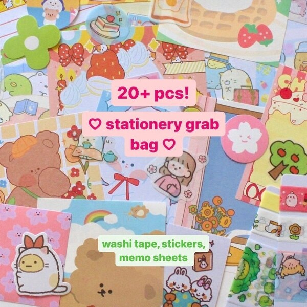 Cute / kawaii stationery grab bag - memo sheets, stickers, washi tape