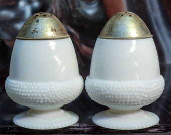 Antique Acorn Opal Glass Salt & Pepper Shakers Brass Lids EAPG CIRCA 1880s