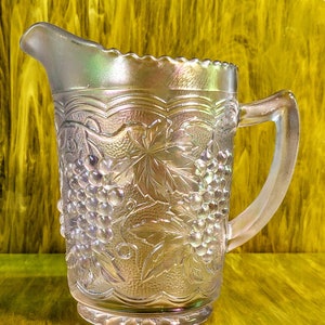 Vintage Imperial EAPG Iridescent Grape Pattern Antique Marked Carnival Glass Pitcher/Ewer/Carafe. C. 1950&#39;s