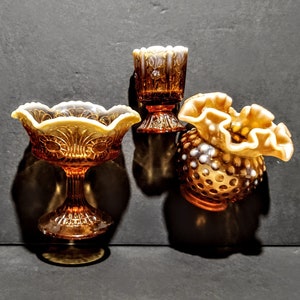 Vintage Opalescent Fenton Amber Caramel Candy Dish Compote Toothpick Holder and Hobnail Vase Bowl.