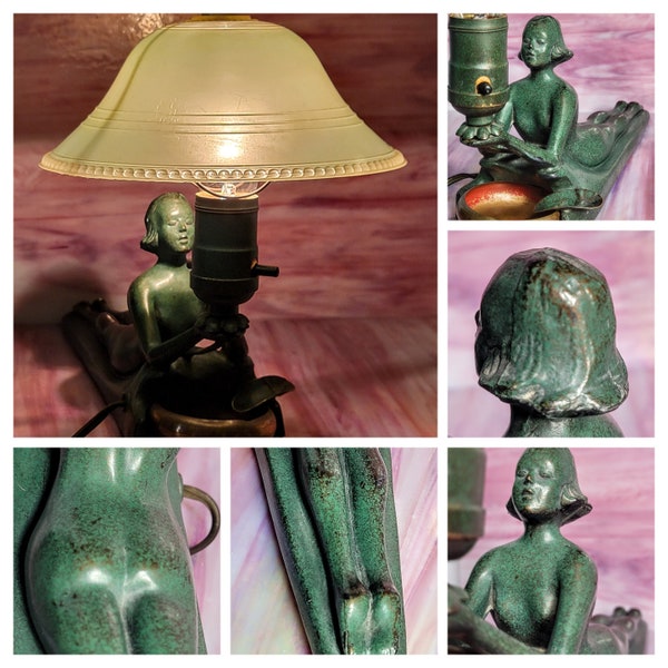 Antique Painted Art Deco Nude Nymph Ashtray Lamp Electrolite Products Metal Lamp Ashtray With Holder Circa 1923