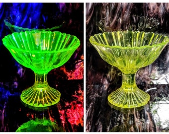 Antique EAPG Vaseline Uranium Glass Three Seam Panelel Ribbed Flower Base And Inside Compote CIRCA 1900s