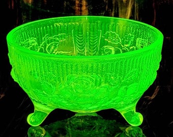 Vintage Imperial Made For Lenox Vaseline Uranium Tri Footed Luster Rose Pattern Pressed Glass Bowl Circa 1970's