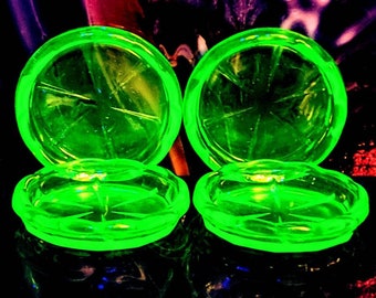 Vintage Uranium Depression Pressed Glass Scalloped Edge Coasters CIRCA 1930s Sold In Sets Of 2