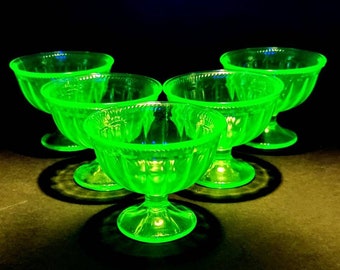 Vintage Uranium Glass Federal Glass Company Colonial Fluted Rope Sherbert Glasses Set of 5 CIRCA 1930s