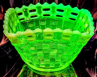 Antique Fenton Opalescent Topaz Vaseline Uranium Glass Candy Dish Basket Weave CIRCA 1910