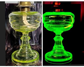 Antique Eapg Bellaire Goblet Company Number/Size 790/E Vaseline Uranium Kerosene Oil Stand Boudoir Table Lamp  Large And Clean Circa 1893