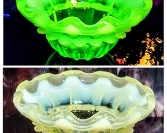 Antique Victorian English Uranium Vaseline Opalescent Worked Pinch Press Art Glass Meats Brides Bowl Basket Circa 1890's