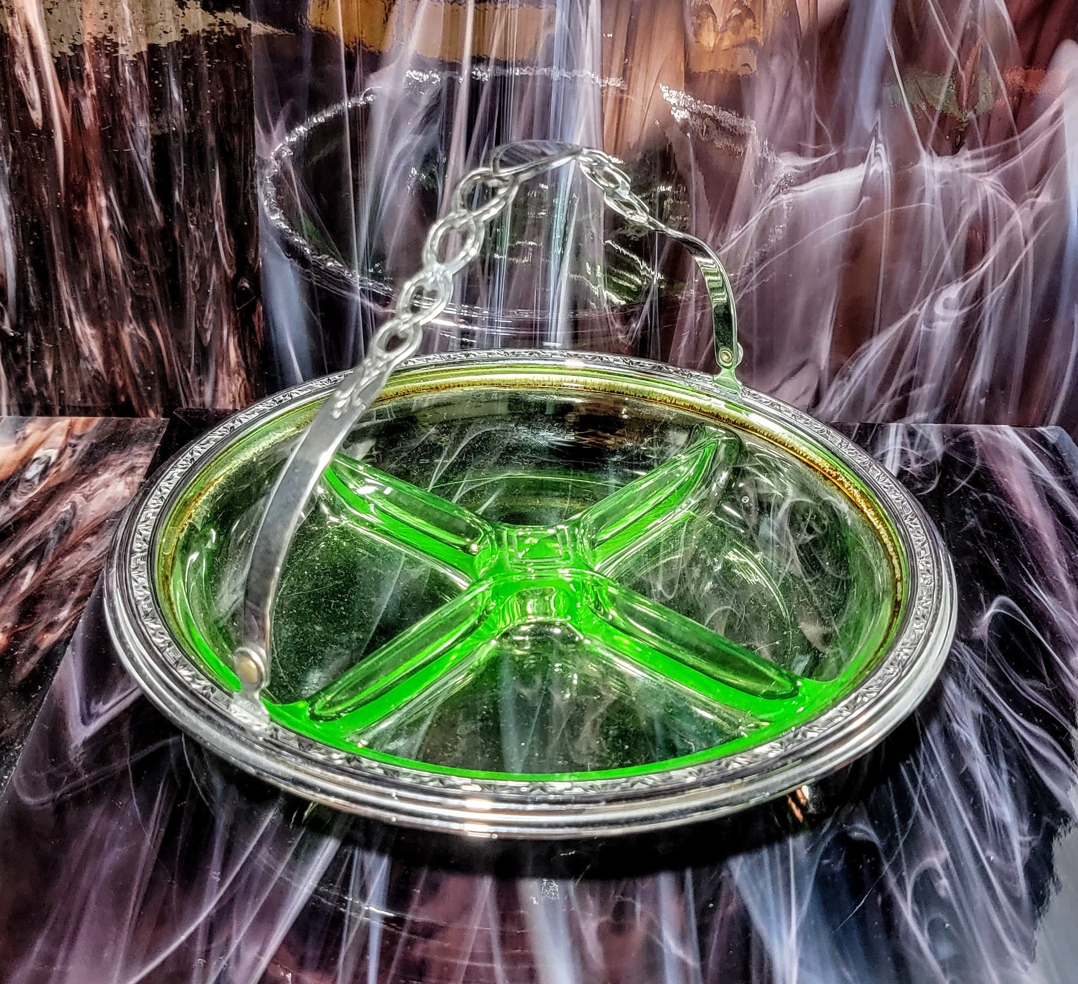 Vintage Uranium Glass Divided Candy Relish Dish With Chrome Holder 