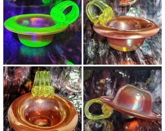 Antique Uranium Murano Art Glass Irridized Aurora Taffeta Applied Vaseline Glass Handle Condiment Sauce Mayonaisse Bowl Circa 1890's