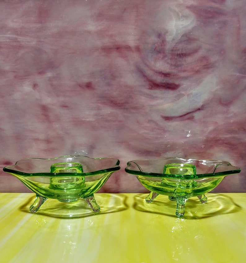 CIRCA 1930 Set of two Antique Fostoria green VaselineUranium candle holders