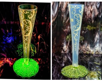 Antique Harrach Glassworks Made In Bohemia Vaseline Uranium Opalescent Applied Ruffled Web Footed Hand Painted Scrolls Vase Circa 1890's