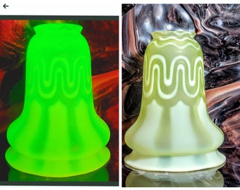 Vintage Art Nouveau Uranium Vaseline Opalescent Ribbons And Loops Blown Press Glass Double Bell Satin Lamp Shade Circa 1900’s