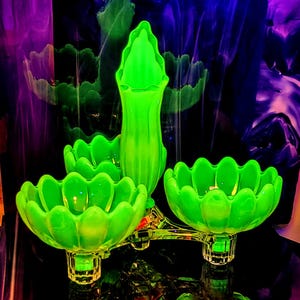 Vintage  Fostoria Vintage Vaseline Uranium Yellow Opalescent Table Charms Cased Art Glass Peg Vase Snack Bowls Clear Holder Circa 1959