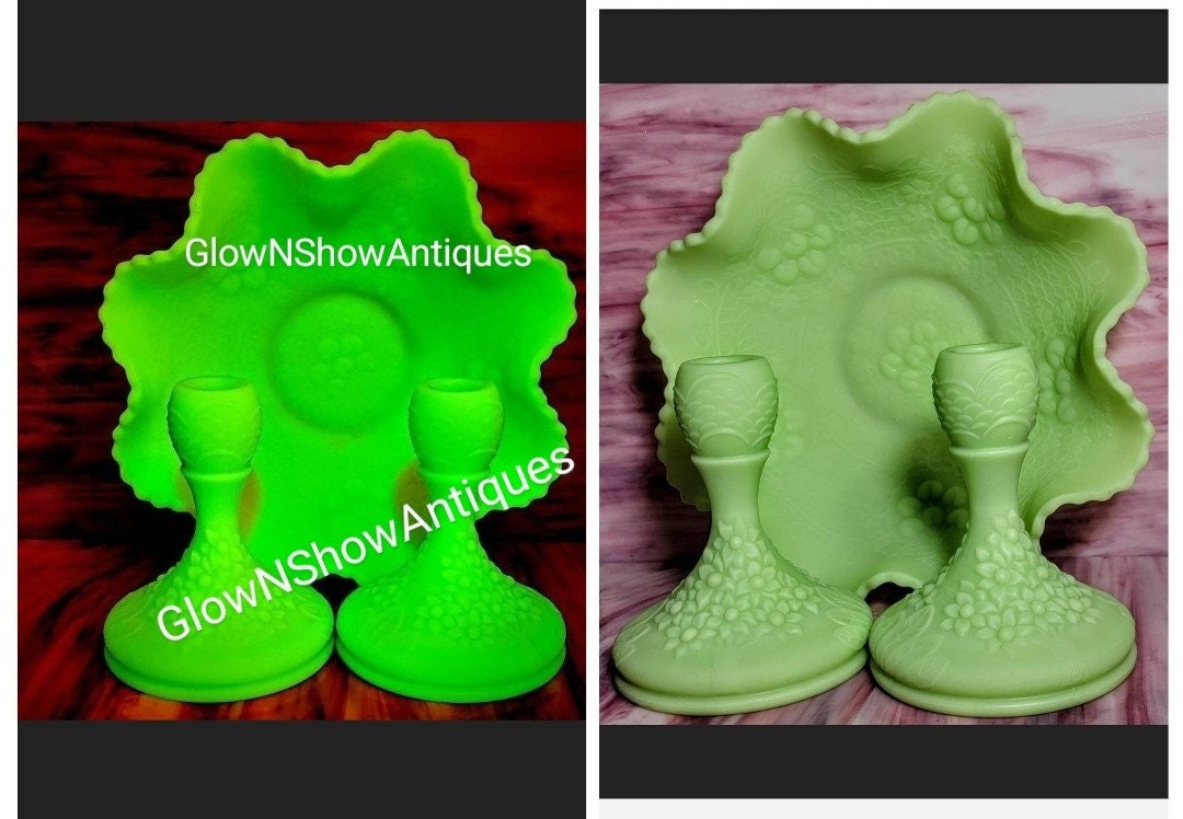 Vintage Fenton Uranium Pressed Satin Lime Green Custard Orange Blossom Pattern Bowl With Matching Candlestick Holders Set Circa 1970s