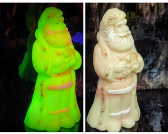 Vintage Fenton Uranium Art Glass Burmese Old School Santa Holding Kitten Cat Charmingly Hand Painted Signed Circa 1998