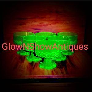 Vintage Tiffin Olive Green Depression Uranium Pressed Glass Franciscan Madeira Jeweled Sherbert Dessert Glasses Each CIRCA 1970s