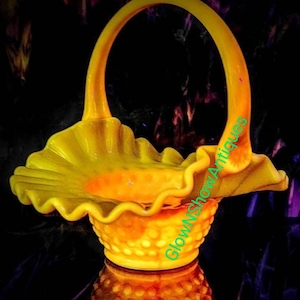 Vintage Kanawah U.V. Reactive Beige  Hobnail Ruffled Edge Applied Glass Handled Basket Circa 1970&#39;s