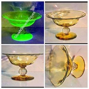 Antique Pairpoint Uranium Amber Glass Stemmed Controlled Bubbles Crystal Glass Bubble Ball Comport Compote  C. 1920&#39;s