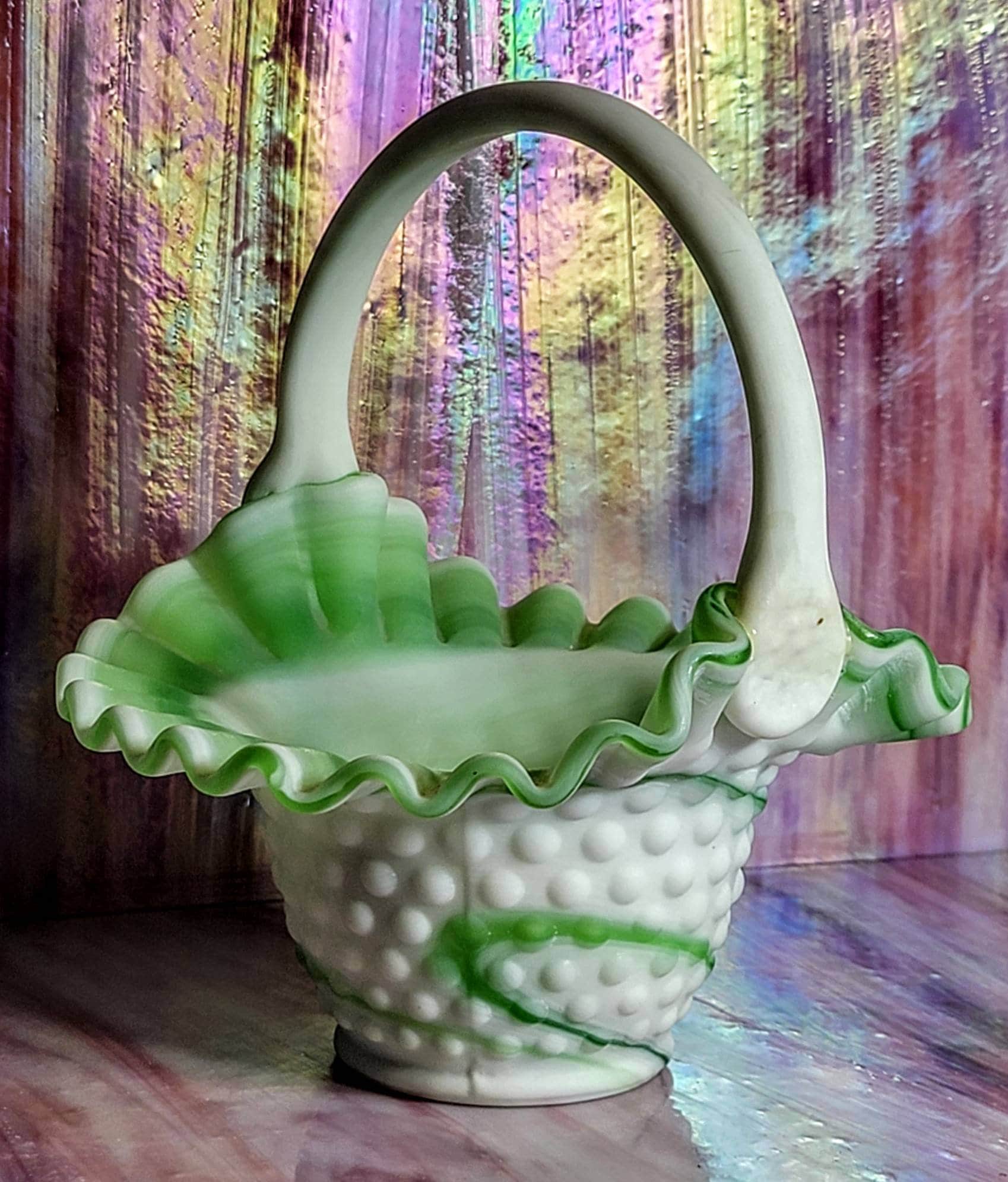 【希少】ヴィンテージ ART glass STENHYTAA W.W. Vintage Kanawha Green Slag Glass Basket, 1960s Decor - Etsy