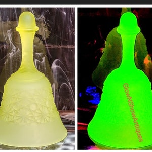 Vintage Fenton Daisy & Button Vaseline Uranium Pressed Satin Art Glass Scrolled Handled Mime Bell Circa 1970s
