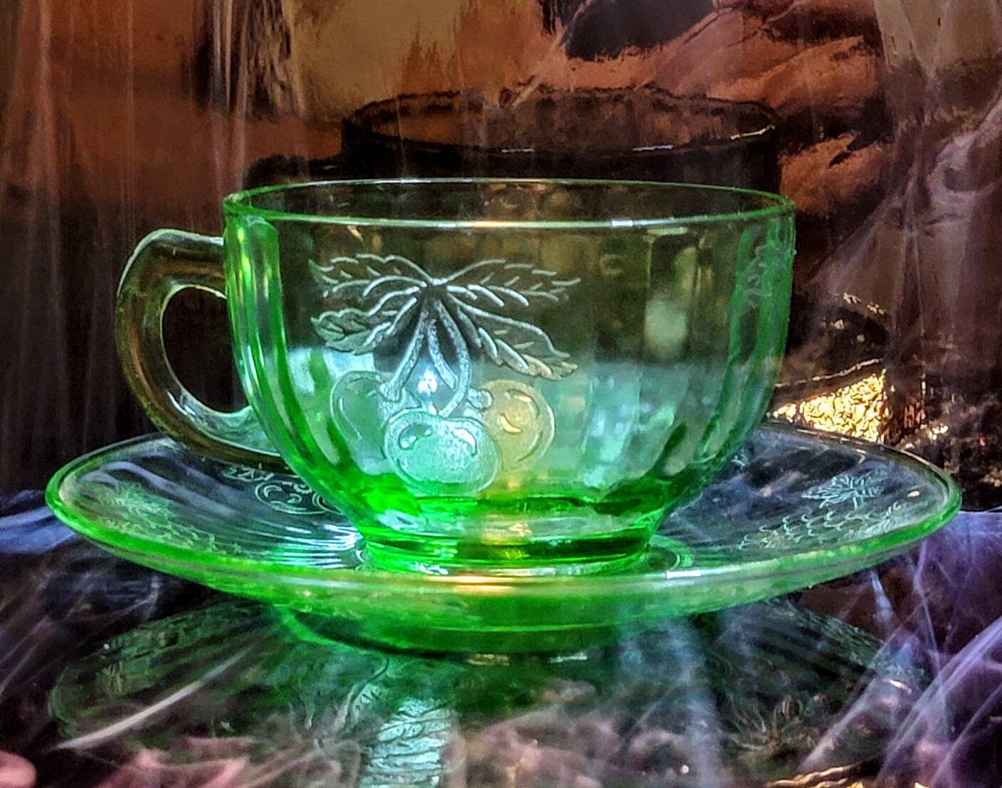 Vintage Hazel Atlas Uranium Pressed Glass Fruits Cup and Fruits