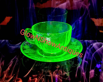 1930s Uranium Glass Jeannette Green Cherry Blossom Teacup