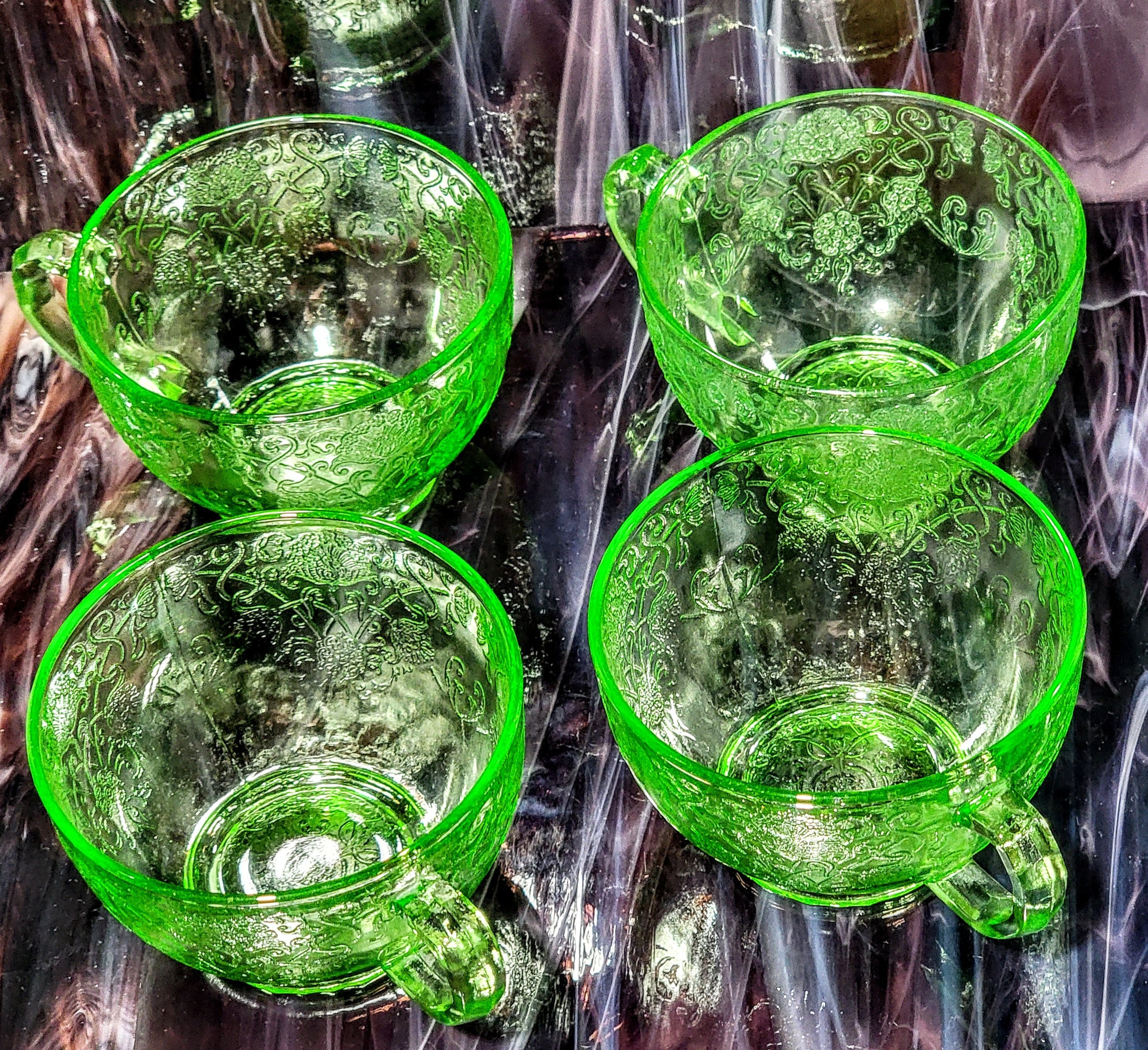 Vintage Hazel Atlas Green Depression Glass Cups, Florentine Poppy